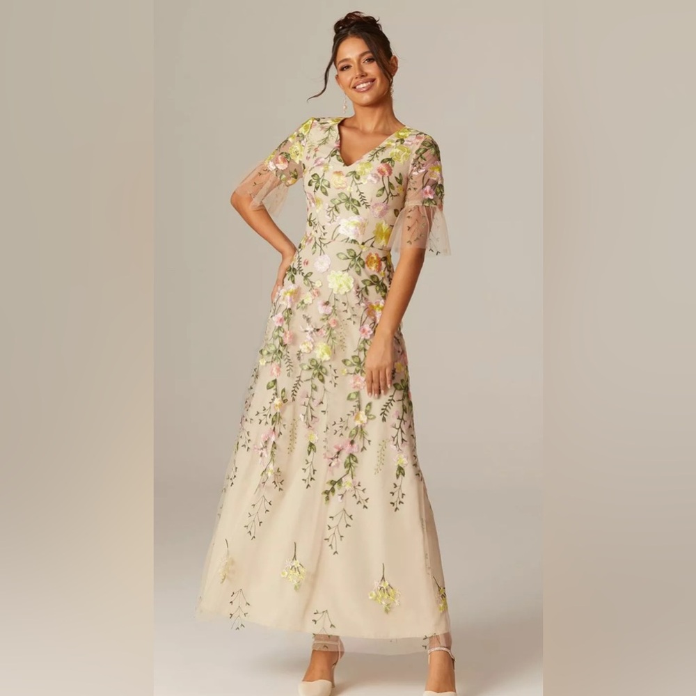 Floral Embroidered Cream Maxi Dress